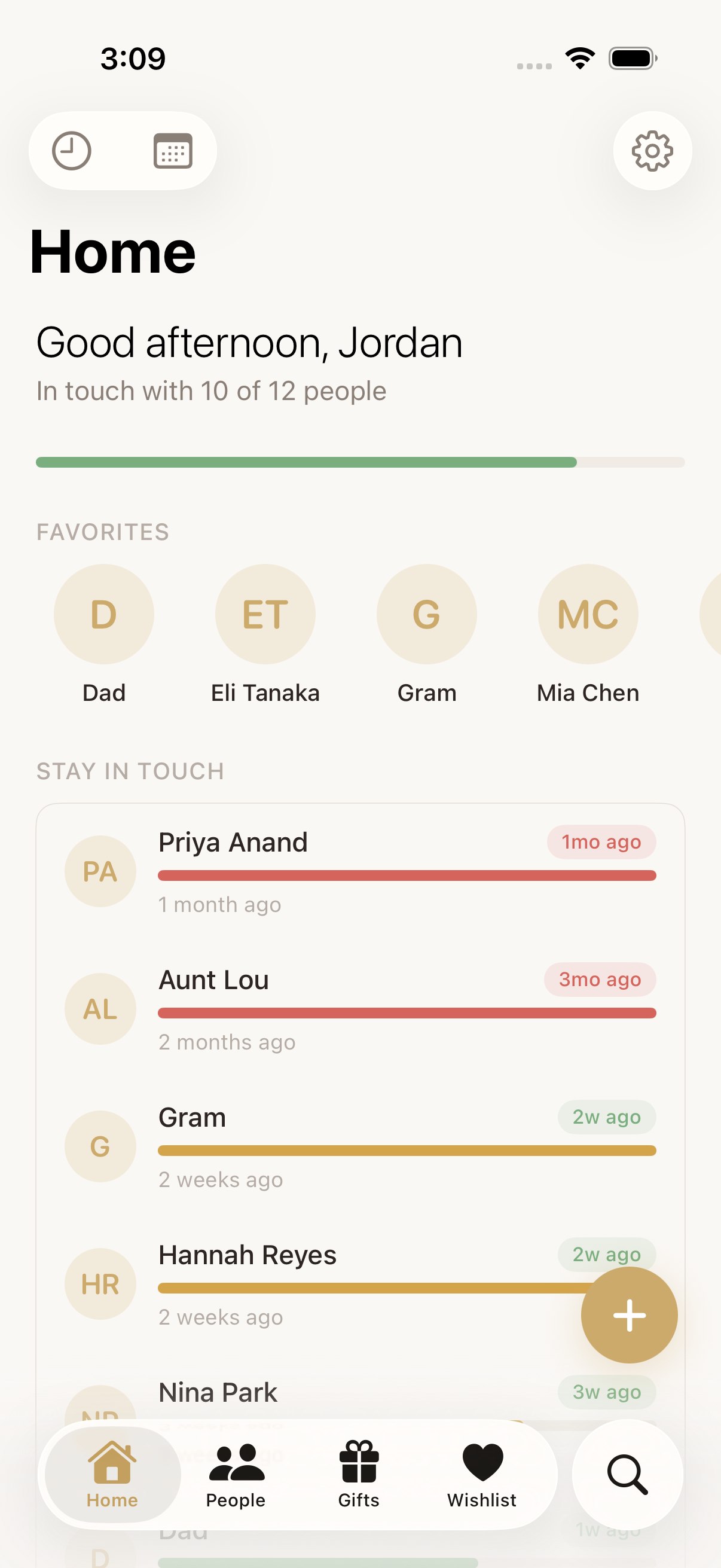 Thoughtful home screen showing upcoming occasions